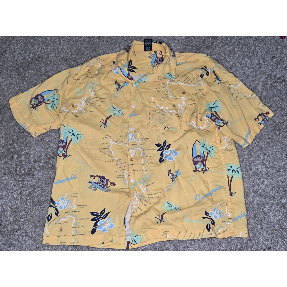 Vintage Warner Bros Studio Store Taz Surfing Hawaiian Shirt Mens Large Yellow 90